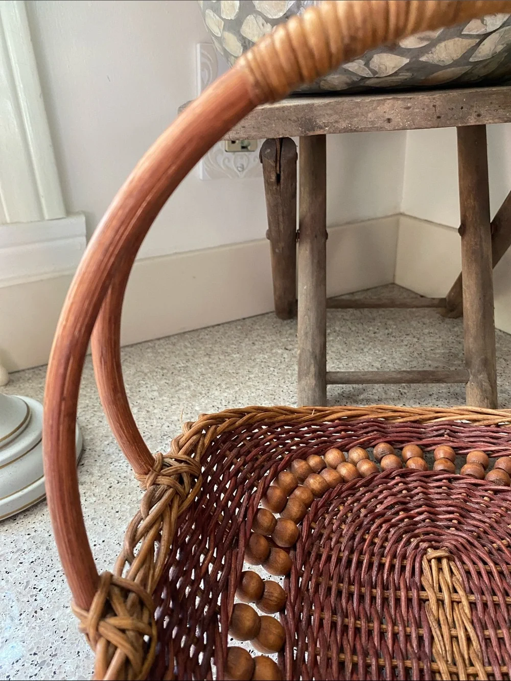 Vintage Hand-Woven Wicker & Rattan Gathering Basket